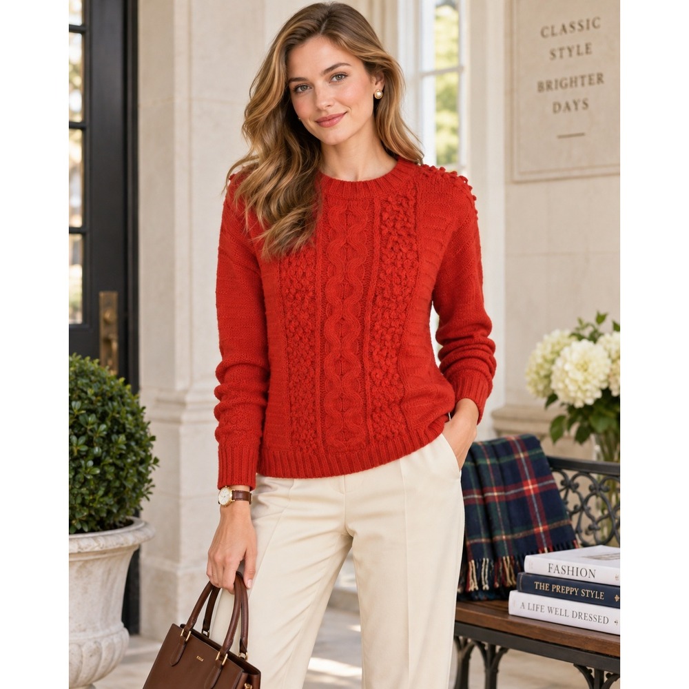 Banana Republic Italian Yarn Cable Knit Sweater Orange Red Crew Neck Small